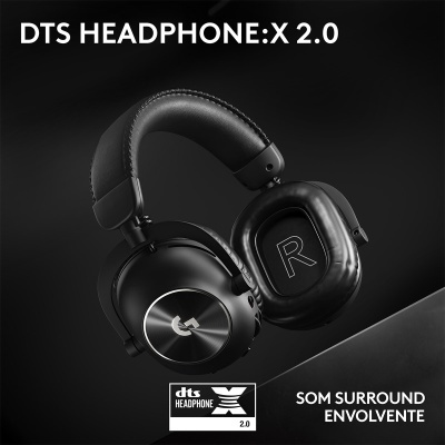 Auscultadores negros DTS HEADPHONE:X 2.0 com detalhes metálicos prateados e almofadas em couro sintético