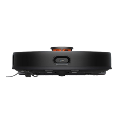 Robô aspirador preto com detalhes laranja e sensor frontal