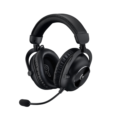 Headset preto com microfone e almofadas em couro sintético