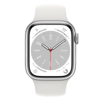 Relógio inteligente branco com mostrador cinza e moldura prateada