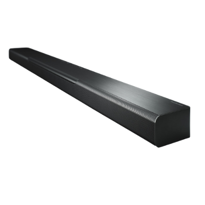 Barra de som preta com textura metálica e grelha preta.