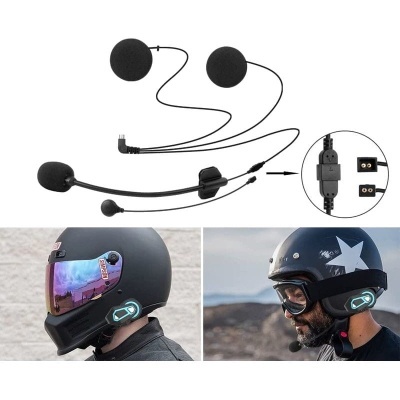 Microfone e auriculares para capacete de motociclista preto com viseira refletora e estrela branca