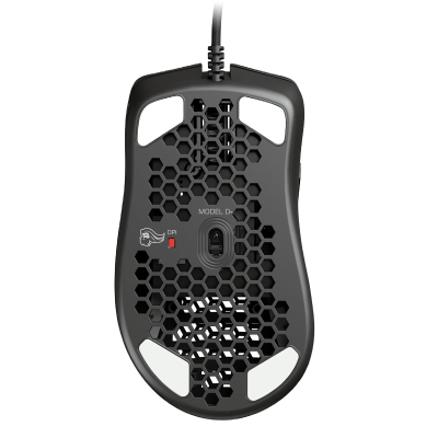 Rato de computador preto com padrão de colmeia e botão DPI