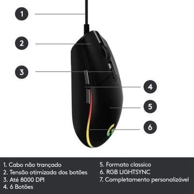 Rato gaming preto com iluminação RGB LIGHTSYNC e seis botões