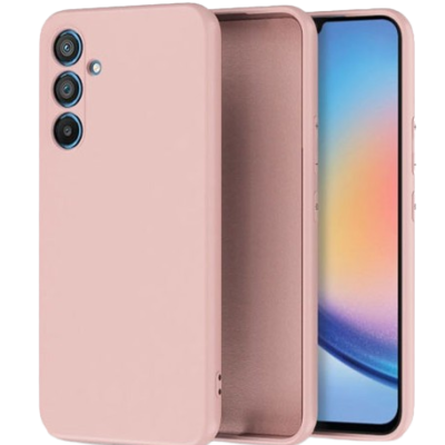 Smartphone com capa rosa de silicone e três câmaras traseiras