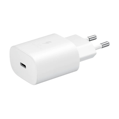 Carregador de parede branco com porta USB-C e plugue de dois pinos