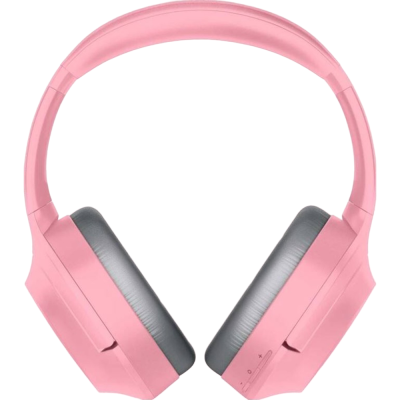 Auricular sem fios cor-de-rosa com almofadas cinza e botões de controlo.