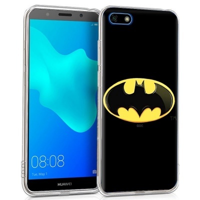 Smartphone Huawei com capa transparente e logotipo Batman amarelo e preto