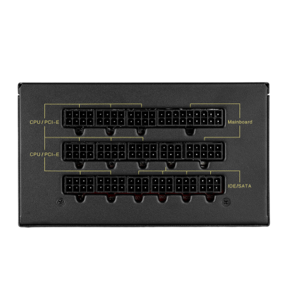 Painel de conectores pretos de fonte de alimentação com etiquetas amarelas para CPU/PCI-E, Mainboard e IDE/SATA