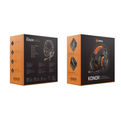 Embalagem preta e laranja do headset gaming Krom Konor com detalhes técnicos e imagem do produto