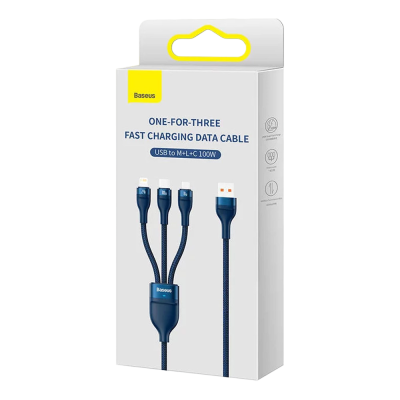 Embalagem branca de cabo de carregamento Baseus ONE-FOR-THREE azul escuro