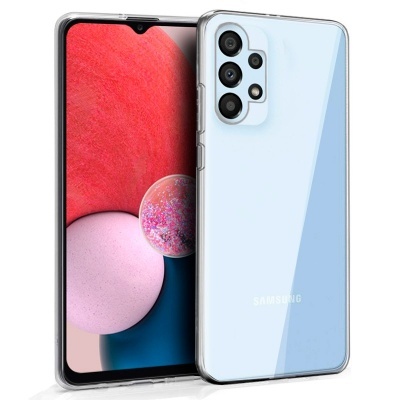 Smartphone Samsung com capa transparente, frontal e traseira visíveis