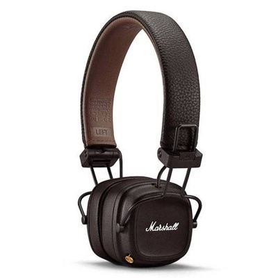 Auriculares Marshall castanhos escuros com almofadas quadradas e faixa superior texturizada