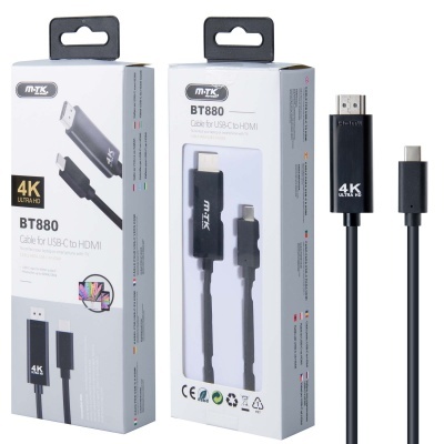 Cabo mTok BT880 USB-C para HDMI 4K Ultra HD preto e sua embalagem