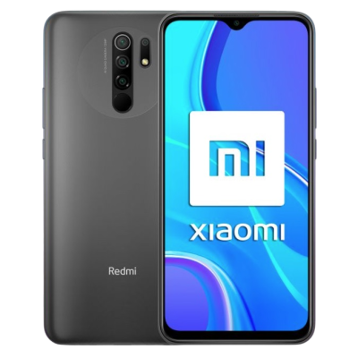 Smartphone Xiaomi Redmi cinza com ecrã frontal ligado e câmaras traseiras