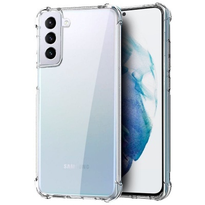Smartphone Samsung branco com capa protetora transparente