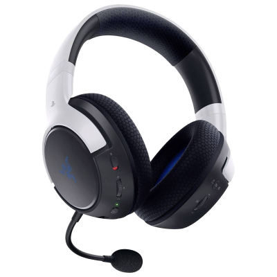 Auriculares sem fios preto e branco com microfone destacável