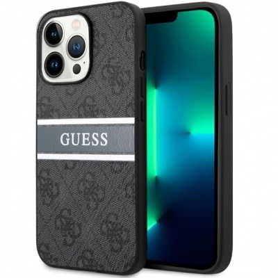 Capa preta para telemóvel GUESS com padrão e nome em faixa cinzenta.