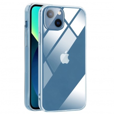 smartphone Apple iPhone azul com capa protetora transparente e logótipo da Apple