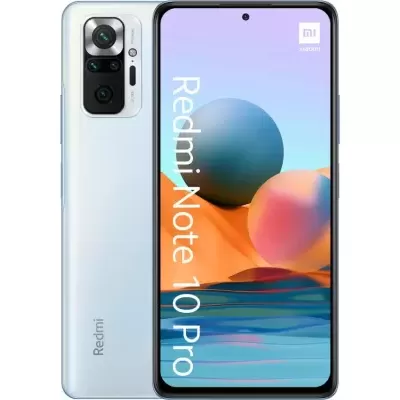 Smartphone Redmi Note 10 Pro branco com ecrã full screen e câmara traseira