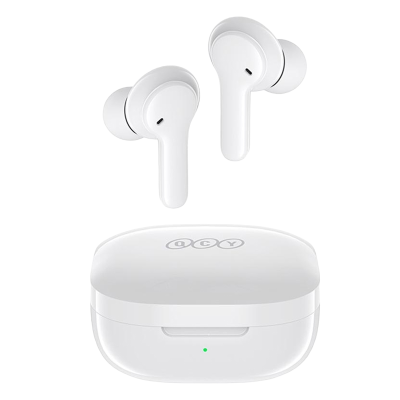 Auriculares sem fios com estojo de carregamento branco e logótipo QCY
