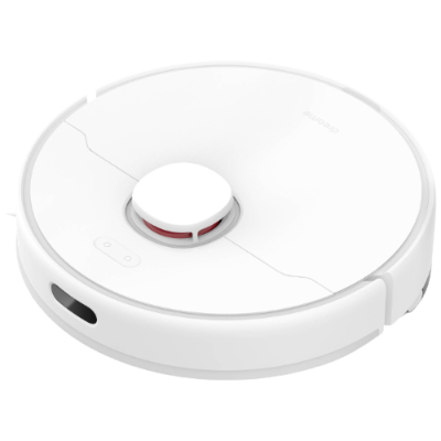 robo aspirador branco com sensor central e botões na superfície