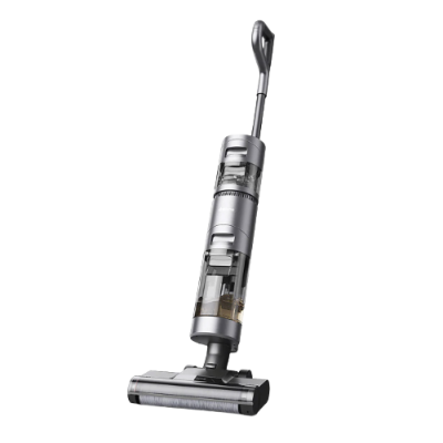 Aspirador vertical sem fios cinzento com depósito transparente e rolo de escova