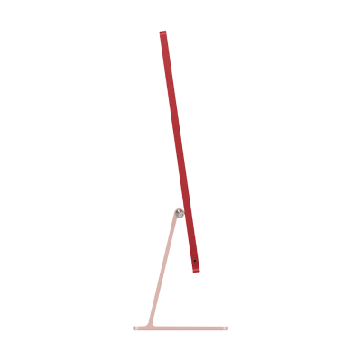 Monitor de computador fino vermelho e suporte metálico bege