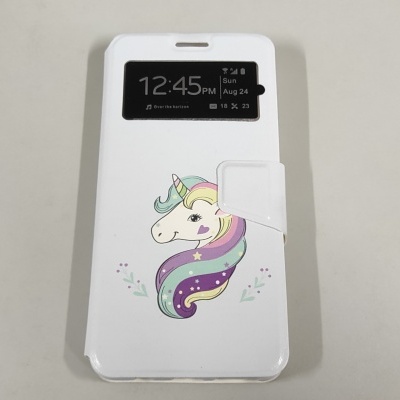 Capa branca para smartphone com desenho de unicórnio colorido e visor de notificação