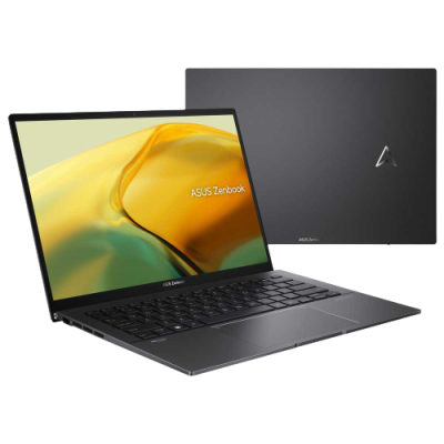 Portátil ASUS Zenbook cinzento escuro com ecrã e teclado visível e logótipo