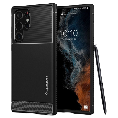 Smartphone preto com capa Spigen e caneta stylus preta