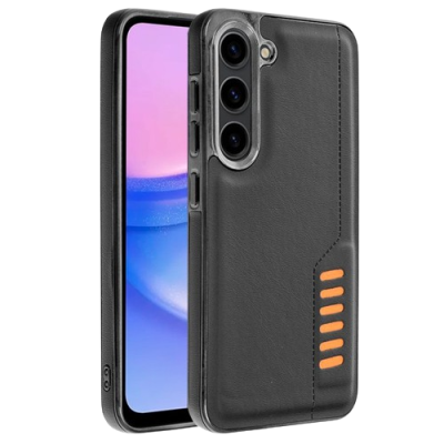 Capa preta para smartphone com textura de pele e detalhes laranja