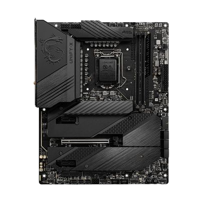 Placa-mãe preta MSI UNIFY-X com soquete para processador e vários slots e conectores