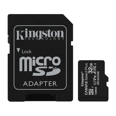 Cartão microSD Kingston 32GB com adaptador preto.