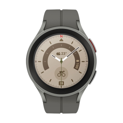 Relógio inteligente cinza com mostrador circular bege com indicadores e texto.