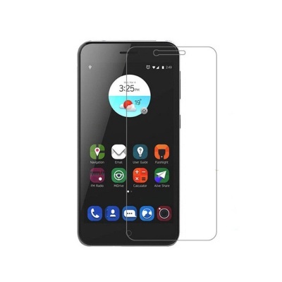 Smartphone preto com aplicações coloridas e protector de ecrã transparente.