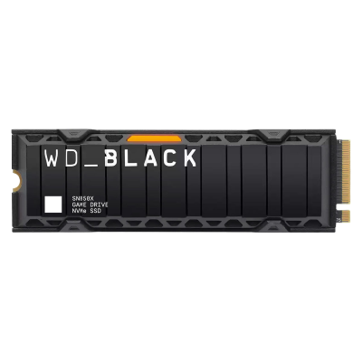 SSD WD_BLACK SN850X Game Drive NVMe SSD preto com detalhes cinza e laranja