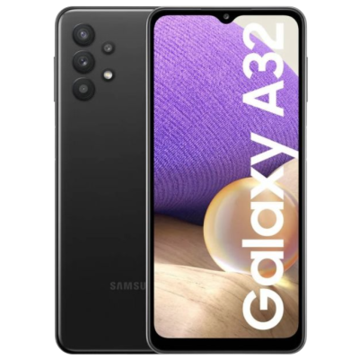 Smartphone Samsung Galaxy A32 preto mostrando frente e verso