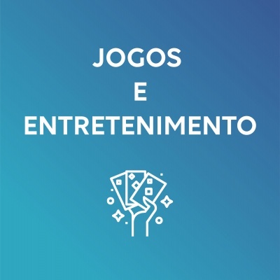 Texto 'JOGOS E ENTRETENIMENTO' com ícone de cartas em fundo azul