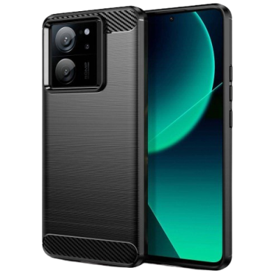 Smartphone com capa preta texturada e ecrã azul-verde