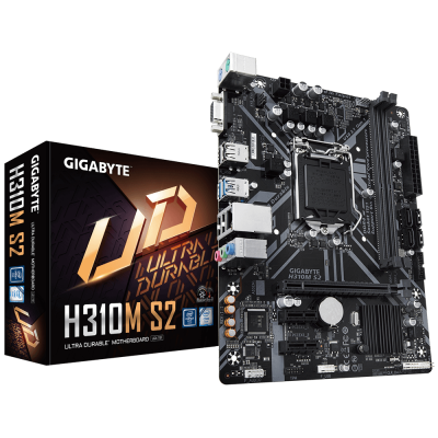 Placa-mãe Gigabyte H310M S2 com caixa preta ao lado