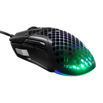 Rato gaming preto com iluminação RGB e design perfurado