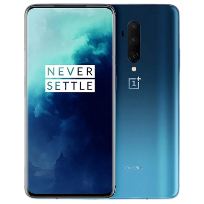 Smartphone OnePlus azul com ecrã full screen e frase NEVER SETTLE