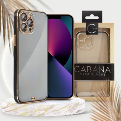 Capa para smartphone transparente com bordas pretas e detalhes dourados e embalagem CABANA CASE EUROPE