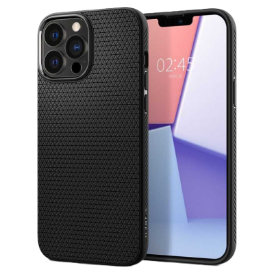 Smartphone com capa preta texturizada e ecrã com data e hora
