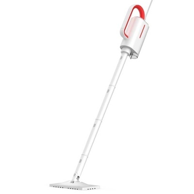 Aspirador vertical branco e vermelho com cabo de alimentação e bocal retangular