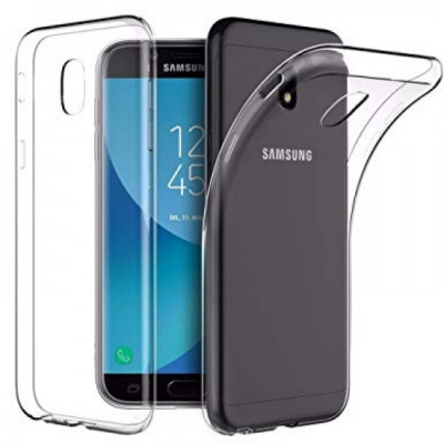 Smartphone Samsung preto com capa protetora transparente em silicone