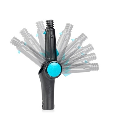 Cabeça de aspersor de rega preta com disco azul em fundo branco