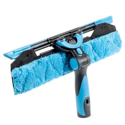 Limitador de janela com pega ergonómica e esfregão azul de microfibra