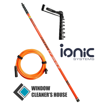 Bastão telescópico laranja para limpeza com texto e acessórios